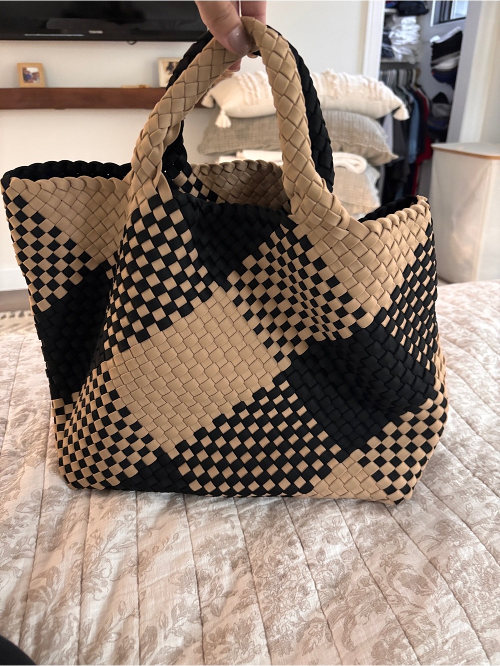 Naghedi Black and Tan Woven Checker Tote